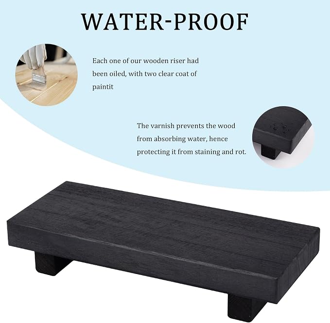 Wood Bathroom Tray Farmhouse Decor Kitchen Soap Holder, 8.7" x 3.6" Black | Waterproof, Lightweight, Easy Clean, Small Wooden Riser Pedestal Stand Accessories for Office Desk, Vanity, Counter, Sink