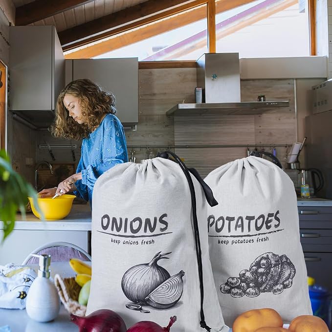 Potato Onion Storage Bag, Reusable Potato and Onion Storage Bag for Pantry, Vegetable Storage Bags with Drawstring Closure, Blackout Liner for Shopping Storage, 2 Packs (Potato Onion Bag)