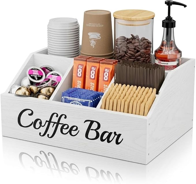Coffee Station Organizer for Countertop – Wooden Coffee Bar Organizer with Adjustable Dividers,Holds K Cup Pod & syrup bottles, for Kitchen, Office, or Bar and Tea Station, White