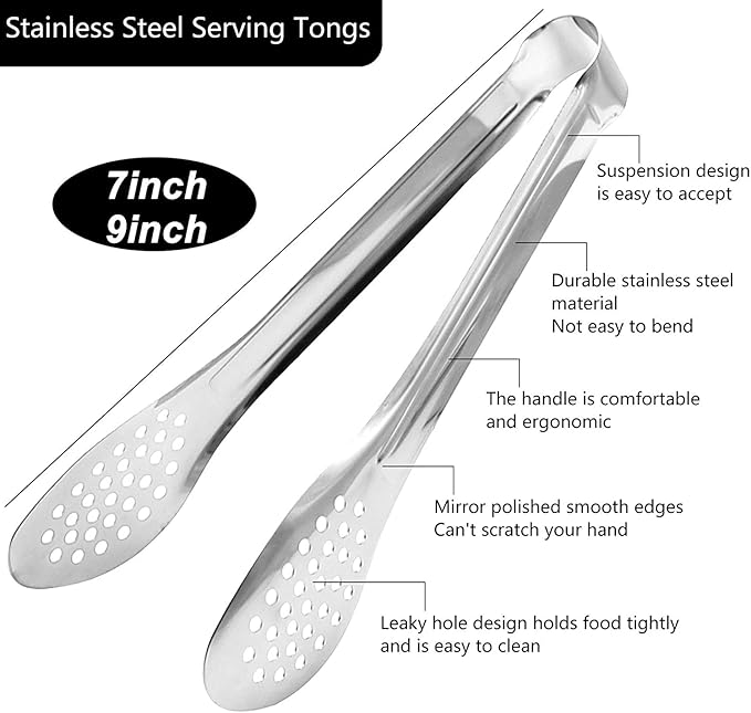6 Pack Buffet Tongs,Stainless Steel Serving Tongs Serving Utensils 9Inch | 6-piece silver set with perforated tips for salads, appetizers, bread, desserts, parties, catering and family meals