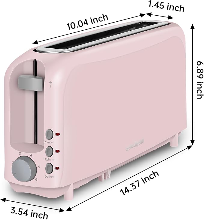 SEEDEEM 2 Slice Slim Toaster, 10" Long Slot, 6 Shade Settings, Pink | Long Slot, 6 Shade Settings, Cancel/Reheat/Defrost, Removable Crumb Tray