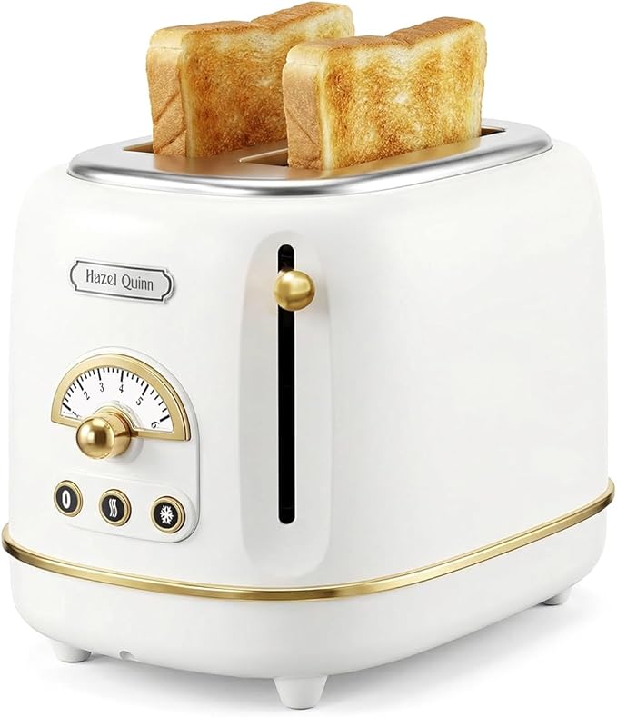 Hazel Quinn 2-Slice Retro Toaster 6 Browning Levels 3 Functions Pearl White | Defrost/Reheat/Cancel, Removable Crumb Tray for Easy to Clean, 1.5 Inches Extra Wide Slots, for Toast, Bagels Daily Breakfast