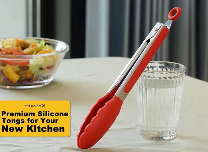HINMAY 9" Kitchen Tongs with Silicone tips, Set of 3 (Red Blue Green)