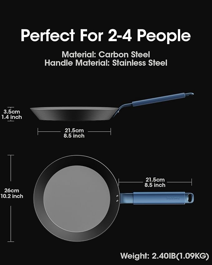 10 Inch Carbon Steel Frying Pan, Nitrided Preseasoned Skillet | Natural Patina Development with No Chemical Coating; Versatile Size for Daily Cooking & High-heat Searing