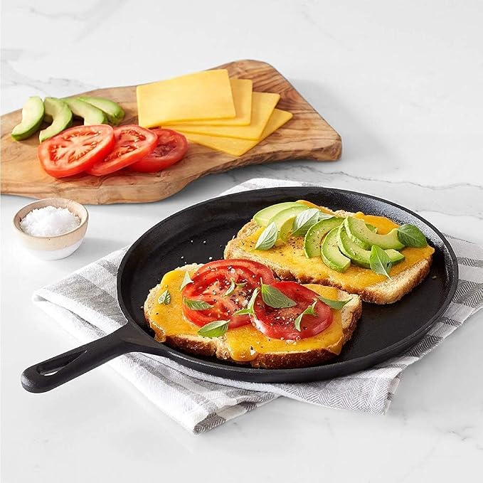 11 Inch Square Grill Pan & Cast Iron 10.5 Inch Round Griddle, Pre-Seasoned Crepe Pan, BBQ Hot Plate Pans with Handle Silicone