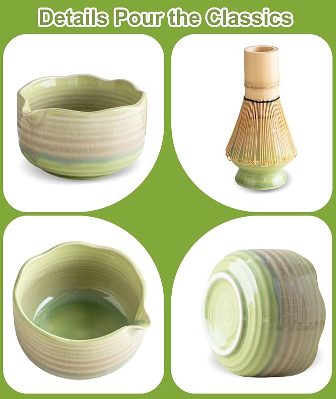 JBER Matcha Set, 7PCS Ceramic Matcha Whisk Set for Matcha Lovers Ceremony | Matcha Kit Gift Includes 17oz Bowl, Bamboo Whisk (Chasen), Holder, Powder Sifter for Matcha Starter, Gradient Green Yellow