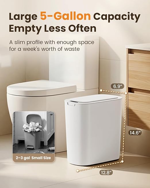 Cesun 5 Gallon Automatic Bathroom Trash Can with Lid, White, Touchless | Motion Sensor, Slim, Small Smart Garbage Bin, Plastic, Battery Operated, Manual Button, for Office/RV/Bedroom/Living Room