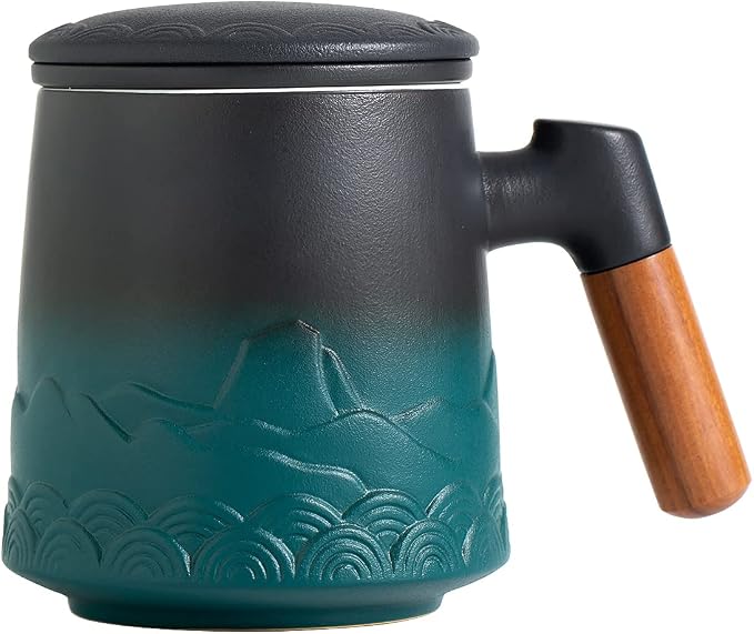 ZENS Tea Mug with Infuser and Lid for Loose Tea Steeper, 16.9oz Green | Embossed Ceramic Tea Cup with Infuser for Herbal Tea Difussers, Tea Lovers Gifts, Nature Wood Handle