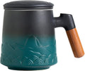 ZENS Tea Mug with Infuser and Lid for Loose Tea Steeper, 16.9oz Green | Embossed Ceramic Tea Cup with Infuser for Herbal Tea Difussers, Tea Lovers Gifts, Nature Wood Handle