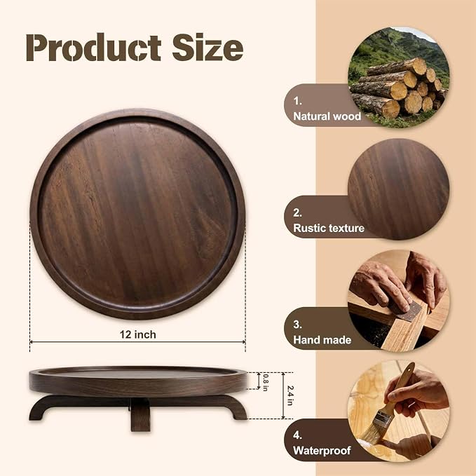 12" Solid Wood Lazy Susan Turntable Organizer for Cabinet, Pantry, Kitchen Countertop - Farmhouse Style with Raised Feet & Water-Resistant Coating, Rustic Bathroom Vanity Tray and Dining Table Decor