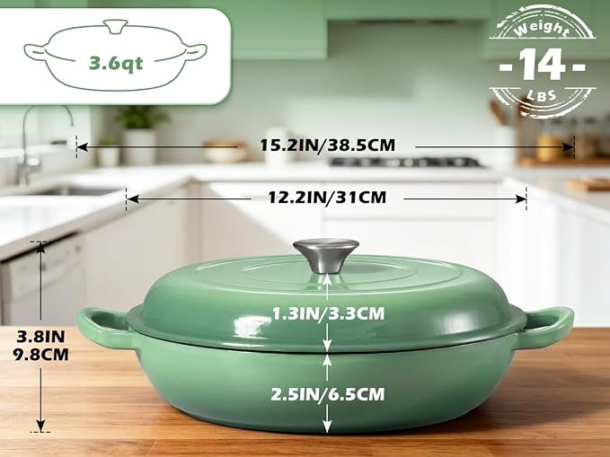Leonyo 3.6QT Cast Iron Braiser Dutch Oven with Lid, Pistachio Green | Nonstick Enameled Cast Iron Casserole Skillet, Cast Iron Cookware Shallow Dutch Oven with Lid for All Cooktop, Oven Safe