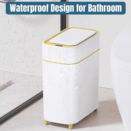 2-Pack Automatic Bathroom Trash Can with Lid, Slim Motion Sensor Garbage Can, Waterproof Touchless Trash Bin, Smart Trashcan for Bedroom, Living Room, Narrow Space, 2.3 Gallon, White+Gold Trim