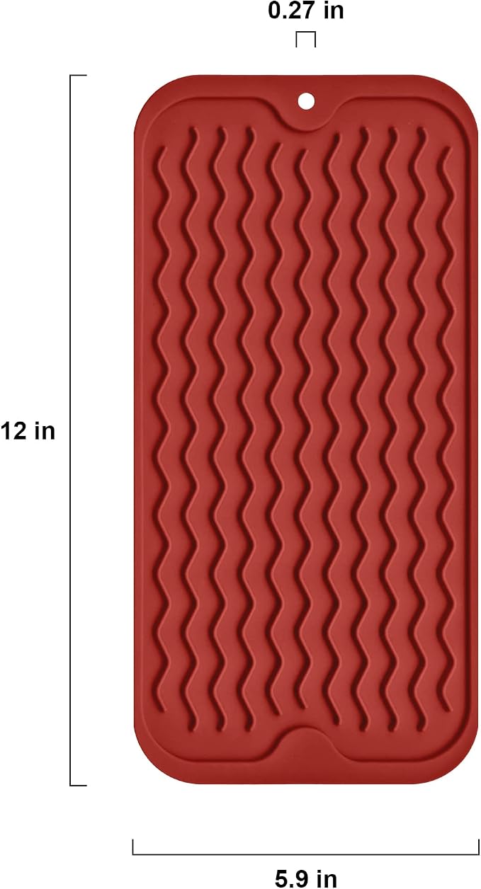 Silicone Dish Drying Mat, Non-Slip Easy Clean Sink Mat, Red, 12" x 6" | Quick-Dry Ridges, Large Heat-resistant Dish Drainer Mat for Kitchen Counter, Hangable & Roll-Up for Storage, Dishwasher Safe