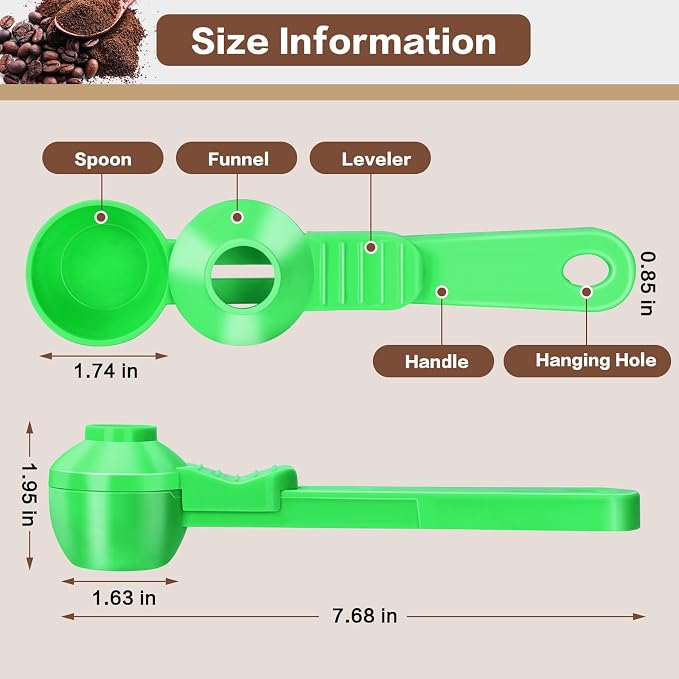 2-in-1 Coffee Scoop with Funnel, 2 Tbsp Measuring Spoon for Reusable K Cups, Ground Coffee, Protein Powder & Tea, Mess-Free Plastic Design（Green-1pack）