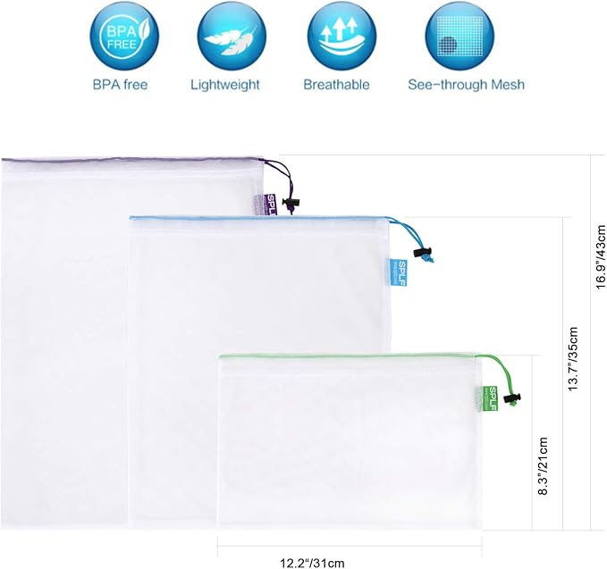 12 Pcs Heavy Duty Reusable Mesh Produce Bags | Barcode Scanable See Through Food Safe Mesh Bags with Drawstring for Fruits, Vegetable, Food, Toys, Grocery Storage
