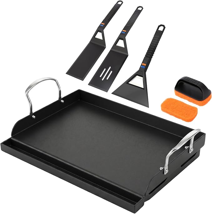 Utheer Griddle Kit, 17 x 13 Inch Pre-Seasoned Cast Iron Flat Top | Includes scratch-free tools for cooking, universal design works with gas grills, charcoal grills and camping
