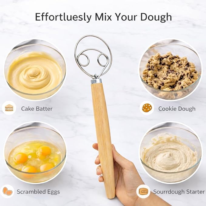 Danish Dough Whisk for Sourdough Bread – 13 Inch Bread Whisk with Wooden Handle – 304 Stainless Steel Hook for Heavy Dough Baking, Swedish Dough Whisk Tool
