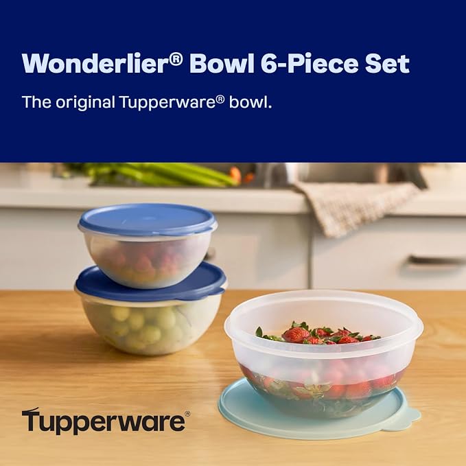 Tupperware Heritage Wonderlier 12 Piece Food Storage Bowl Set in Clear/Blue, Dishwasher Safe and BPA Free (6 Bowls, 6 Lids)