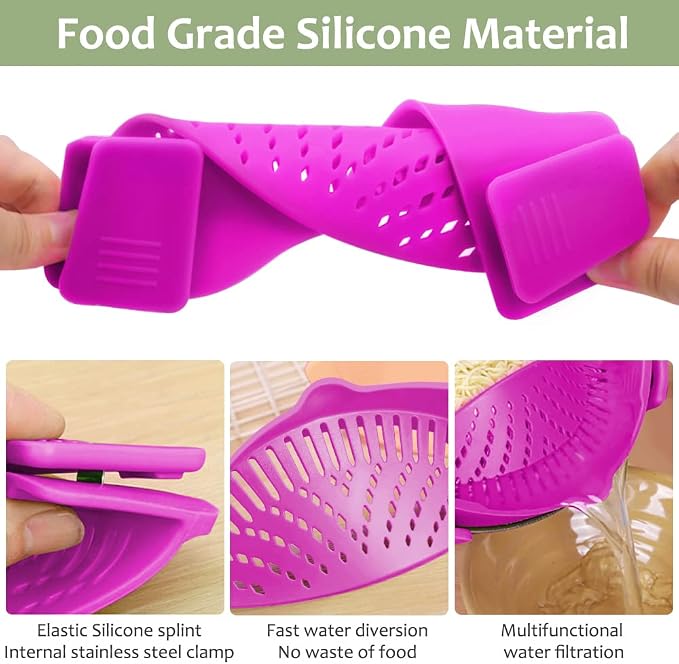 YEVIOR Clip on Strainer for Pots Pan Pasta | Food-grade BPA-free,Kitchen Food Strainer for Spaghetti, Pasta,Vegetable Fruits Fits All Bowls and Pots (Purple)