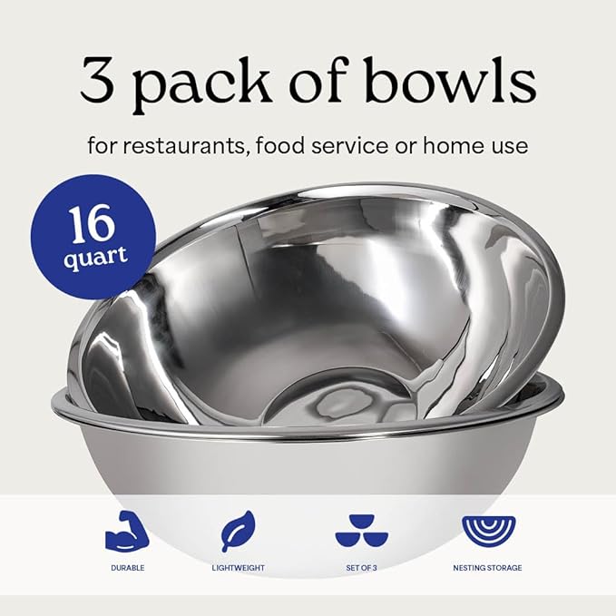 16 Quart Large Stainless Steel Mixing Bowls Set, 3-Pack, Nesting Bowls | Extra Large Commercial Grade Metal Bowls for Meal Prep, Baking, Serving, Food Storage. Rustproof & Dishwasher Safe