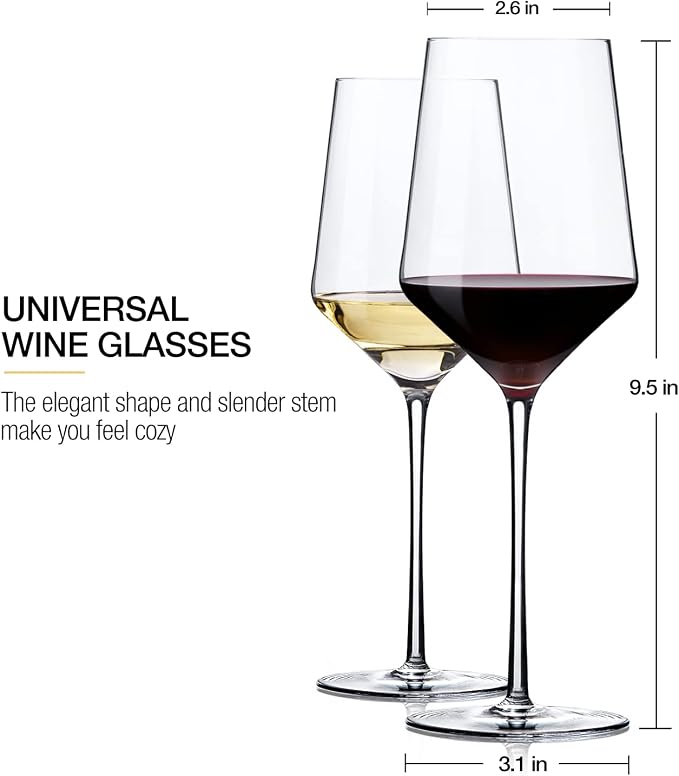 OJA Wine Glasses Set, Crystal White Hand Blown Wine Glass, Set of 4,15 oz | Thin Rim, Long Stem, Modern, Perfect for Red or White, Daily Use, Unique Wedding Anniversary or Birthday Gift