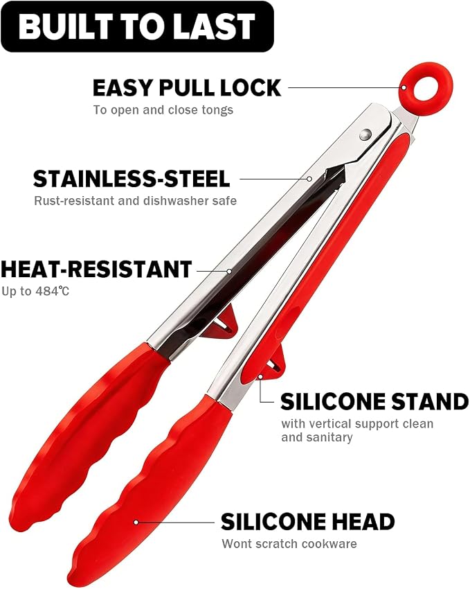 Kitchen Tongs for Cooking, Non Scratch Silicone Tip for Nonstick Cooking Pans, Food Grade Mini Serving Tongs, Pull Lock, Set of 3 (Red, 9 inch)
