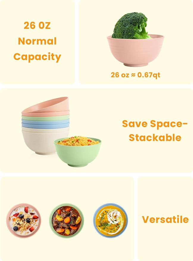 Wheat Straw Bowls, Unbreakable Cereal Bowls Microwave Safe, 8 PCS Lightweight Stackable Snack & Soup Bowls for Kitchen, Camping, Party, Dishwasher Safe Plastic Bowl Alternative (Light, 26oz)