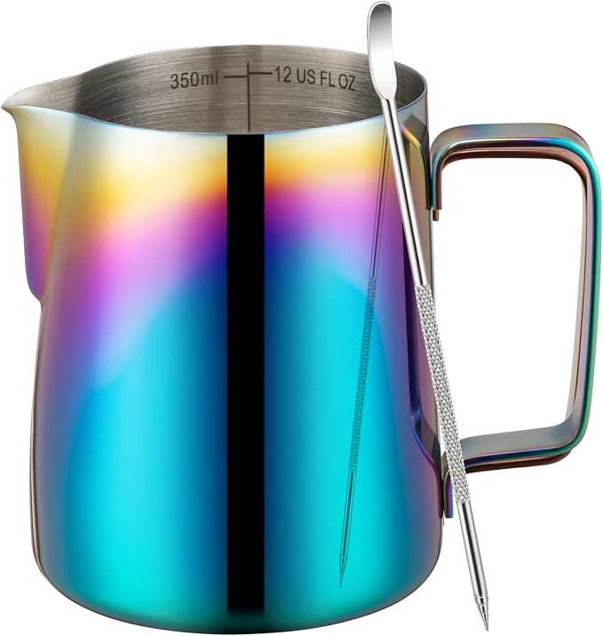 Amrules Milk Frothing Pitcher 12oz Frother Cup Barista Tools, Multicolor | 18/8 Stainless Steel, 12oz Capacity with Clear Scale, with Decorating Pen, Ergonomic Handle, for Cappuccino, Latte & Espresso