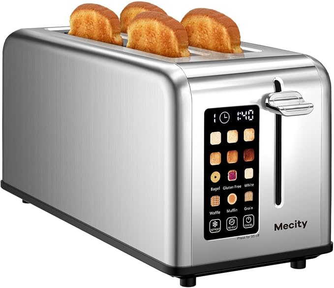 Mecity Touchscreen Toaster, 2 Long Slots for 4 Slices, Digital Bread & Browning Control, Stainless Steel Slim Toaster with Bagel, Gluten-Free, Defrost & Reheat, 120V, 1400W