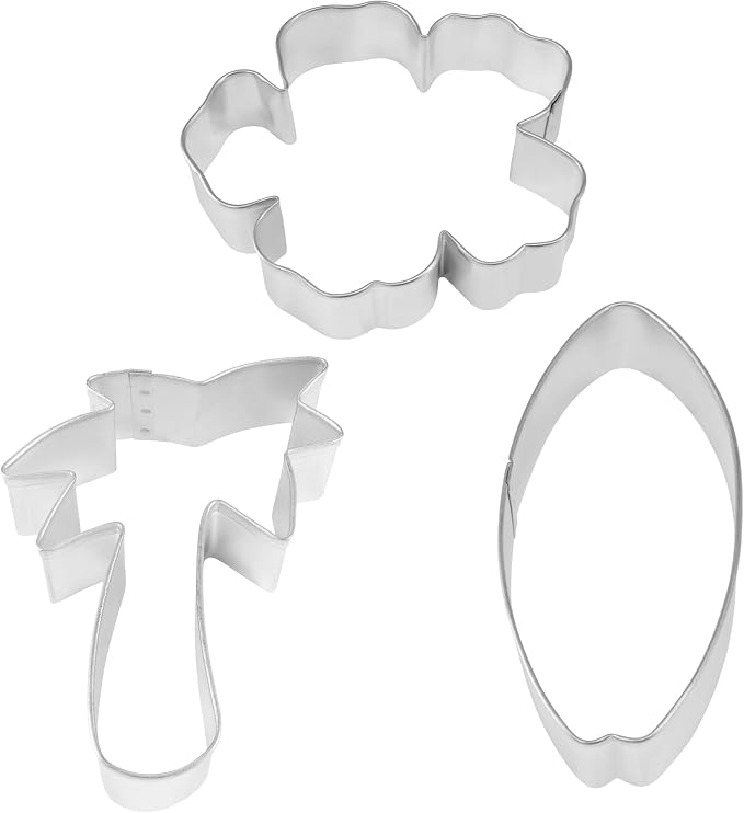 R&M Surf's Up Beach Themed Cookie Cutter 3 Piece Set. Includes Hibiscus Flower, Palm Tree and Surfboard Cookie Cutter.