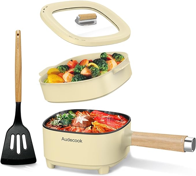 Audecook 2L Electric Hot Pot, Non-Stick Ramen Cooker with Cooking Rack | Dual Power Control Electric Pot For Cooking Steak, Egg, Ramen, Oatmeal & Soup | Portable Pot for Dorm, RV, Travel & Camping