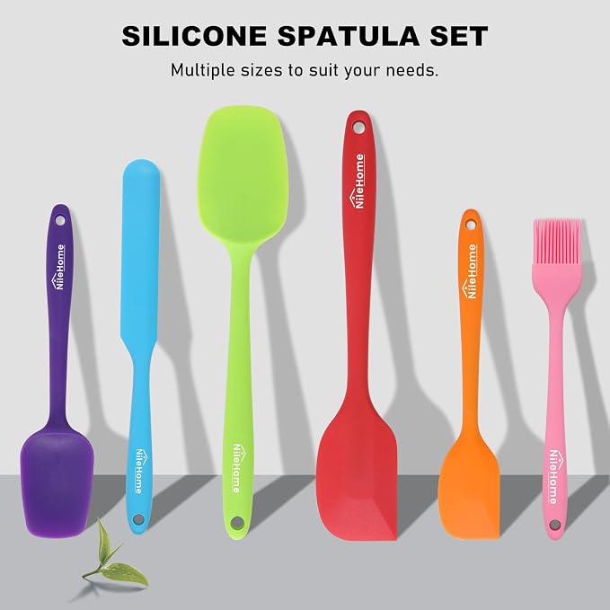 NileHome Silicone Spatula Set, 6 Pieces Food Grade Kitchen Utensils Heat Resistant Up to 600°F Dishwasher Safe BPA-Free Rubber Spatula for Scraping, Baking, Cooking, Mixing-Multicolor