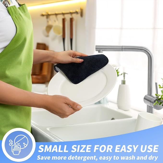 Dish Cloths with Scrub Side, Microfiber Dish Rags Kitchen Washcloths | Absorbent dish cloths for washing dishes with scrubber side Quick dry kitchen wash cloths and dish rags 9 Pack 7 Inch Black