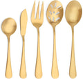 Matte Gold Serving Set，SHARECOOK 5-Piece 18/0 Stainless Steel Large Hostess Set with Round Edge, Satin Finished, Dishwasher Safe -Spoons, Forks,Butter Knife& Slotted Spoon