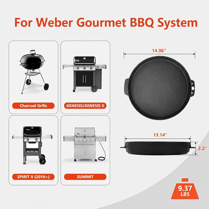 Upgraded 7421 Gourmet BBQ System Griddle for Weber 22 inch Charcoal Grills | Cast Iron Griddle Weber Original Kettle Premium Smokers, Performer Premium Grill