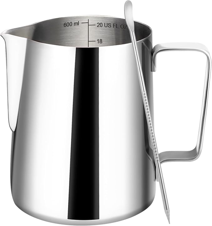 Amrules Milk Frothing Pitcher 20oz Frother Cup Barista Tools, Silver | 18/8 Stainless Steel, 20oz Capacity with Clear Scale, with Decorating Pen, Ergonomic Handle, for Cappuccino, Latte & Espresso