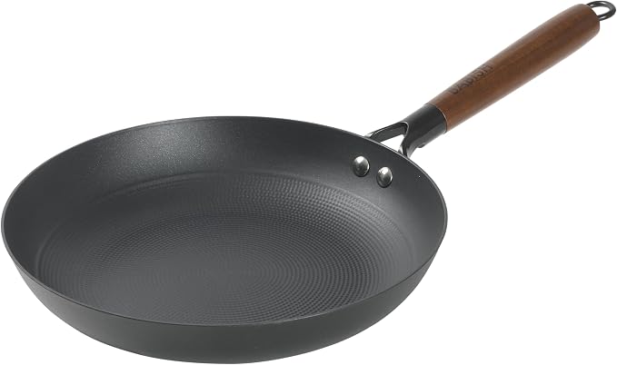 Babish 11 Inch Cast Iron Skillet with Wooden Handle, Pre-Seasoned Nonstick Pan with Honeycomb Textured Cooking Surface, Induction Oven Safe Skillet for Searing, Frying Eggs, Steak and Stir Fry