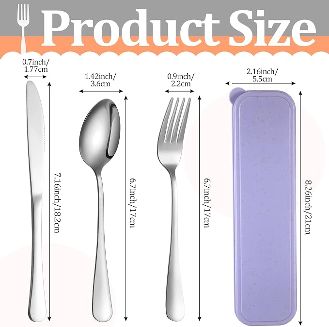 1 Pack Travel Silverware Set with Case for Lunch,Purple | Reusable Utensils with Case, Portable Flatware, Camping Cutlery, Fork Spoon Knife, for Work School, Dishwasher Safe