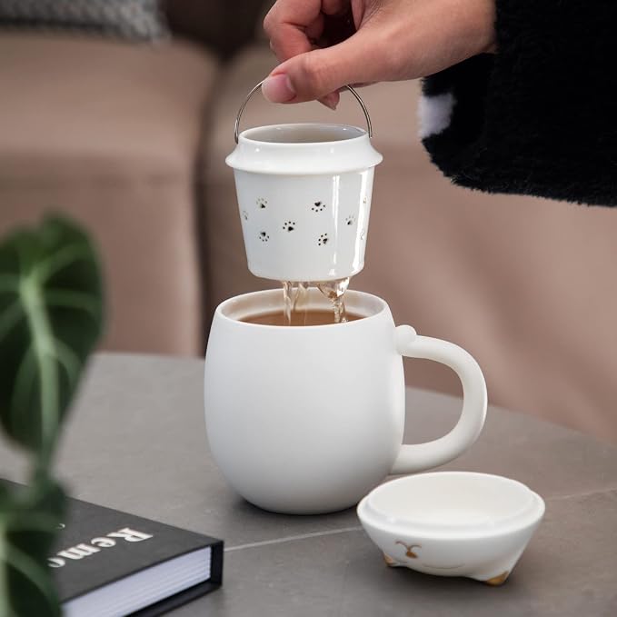 HEER Cat Ceramic Tea Mug 13.5oz with Infuser and Lid, White | Cat Lover & Cat Mom Birthday Gift for Women, Perfect for Loose Leaf Tea, Tea Strainer Cup for Home & Office Use