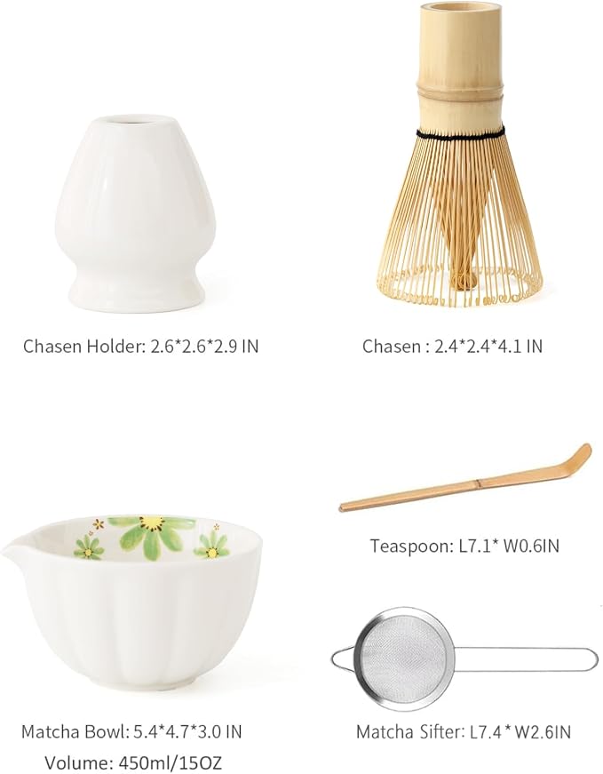 TANG PIN Premium Matcha Set - Japanese Traditional Matcha Making Kit | Matcha Bowl (Chawan), Bamboo Whisk (Chasen) & Holder - Complete Matcha Maker Starter Tools for Matcha Tea & Latt (Daisy)