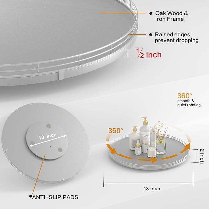 Oroyutor 18-Inch Oak Lazy Susan Organizer with Silver Iron Rail | Oak wood base, silver iron rail and smooth 360-degree rotation for dining tables, kitchen counters and spice storage.
