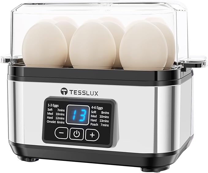 Tesslux Electric Egg Cooker, 6-Egg Boiler for Hard, Soft, Poached, Silver | LED Countdown Timer, Touch Control, Poaching Bowl, Omelet Maker, Stainless Steel, Auto Shut-Off, Buzzer Alert, Compact