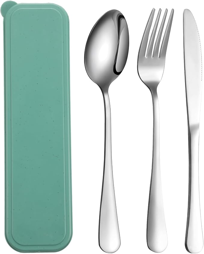 1 Pack Travel Silverware Set with Case for Lunch,Green | Reusable Utensils with Case, Portable Flatware, Camping Cutlery, Fork Spoon Knife, for Work School, Dishwasher Safe