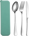 1 Pack Travel Silverware Set with Case for Lunch,Green | Reusable Utensils with Case, Portable Flatware, Camping Cutlery, Fork Spoon Knife, for Work School, Dishwasher Safe