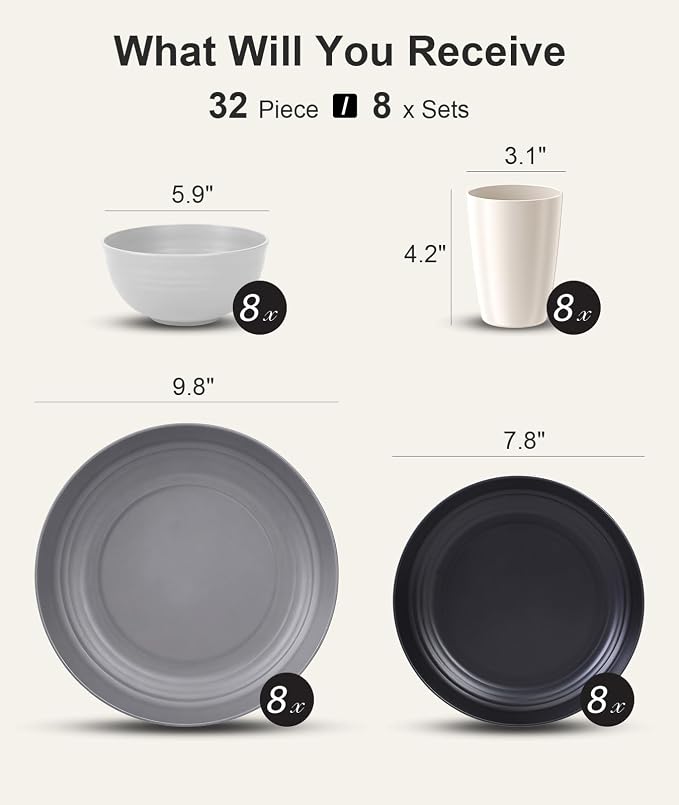 Quatish 32 Pcs Unbreakable Plates and Bowls, Plastic Dinnerware Sets for 8, Reusable Dish Set for Camping, Dishwasher Microwave Safe, Outdoor Kitchen and Apartment Dinning RV Essentials, Grey