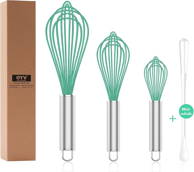 OYV Teal Silicone Whisk Set of 3, 8/10/12 Inch, Non-Scratch, Aqua | BPA-Free Silicone, Heat Resistant Up to 480°F, Stainless Steel Core, Dishwasher Safe, Nonstick-Safe