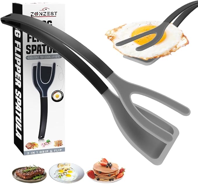 Silicone Egg Flipper Spatula Tongs (Set of 1) – Non-Stick 2-in-1 Grip & Flip Kitchen Tongs for Pancakes, Fish, Eggs, and More – Heat Resistant Cooking Tool (Black)