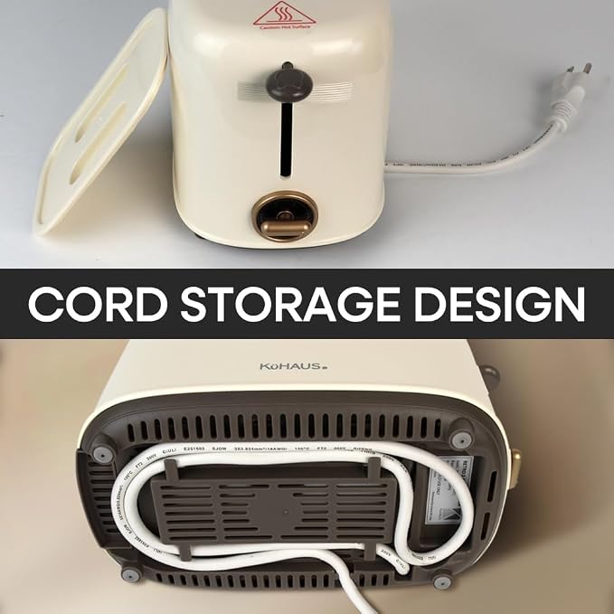 KuHAUS Retro 2 Slice Toaster, 6 Browning Control, Dust Cover, Removable Crumb Tray, Cord Storage, Vintage Design for Bread & Waffles (Ivory)