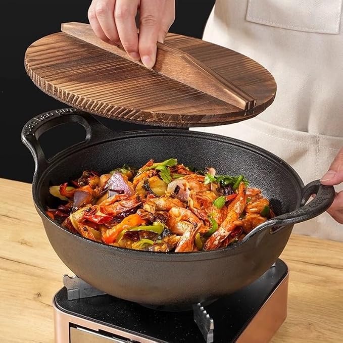 Cast Iron Wok with Dual Handle, Pre-Seasoned Stir-Fry Pans (9 inch)