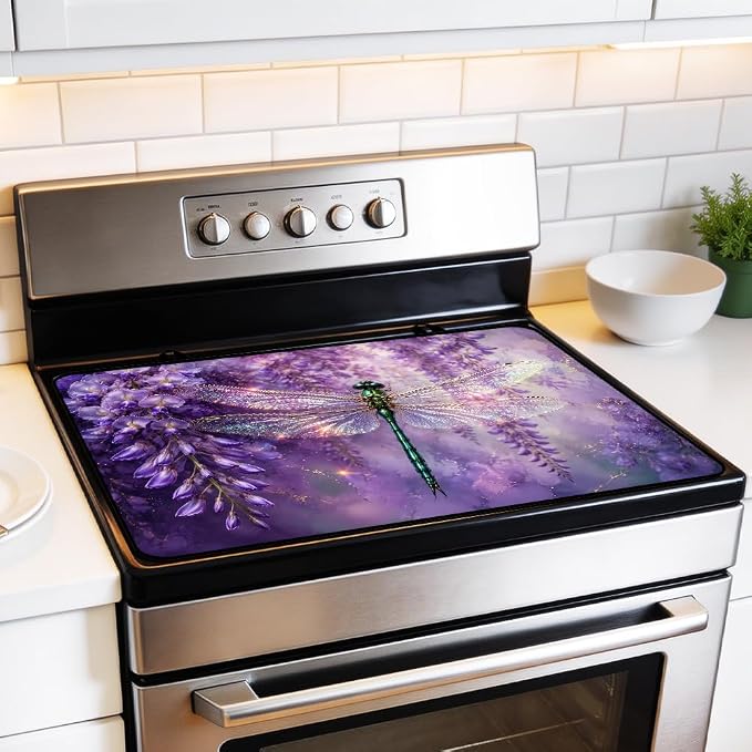 Dragonfly Wisteria Stove Top Cover for Electric Gas Glass Stove | Purple dragonfly wisteria kitchen decor; non-slip stovetop cover, glass cooktop noodle board, whimsical floral counter mat
